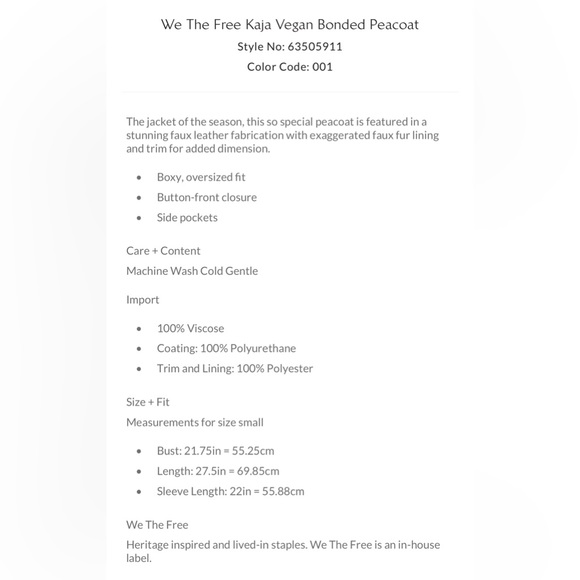 We The Free Kaja Vegan Bonded Peacoat size Large NWT - Picture 12 of 14